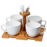 Набор "Ксю":чайная пара (4шт) и чайная ложка (4шт) с подставкой в подарочной упаковке, коричневый, белый
