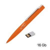 Ручка шариковая "Callisto" с флеш-картой на 16Gb, темно-синий, покрытие soft touch, оранжевый