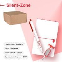 Набор подарочный SILENT-ZONE: бизнес-блокнот, ручка, наушники, коробка, стружка, бело-красный, белый, красный